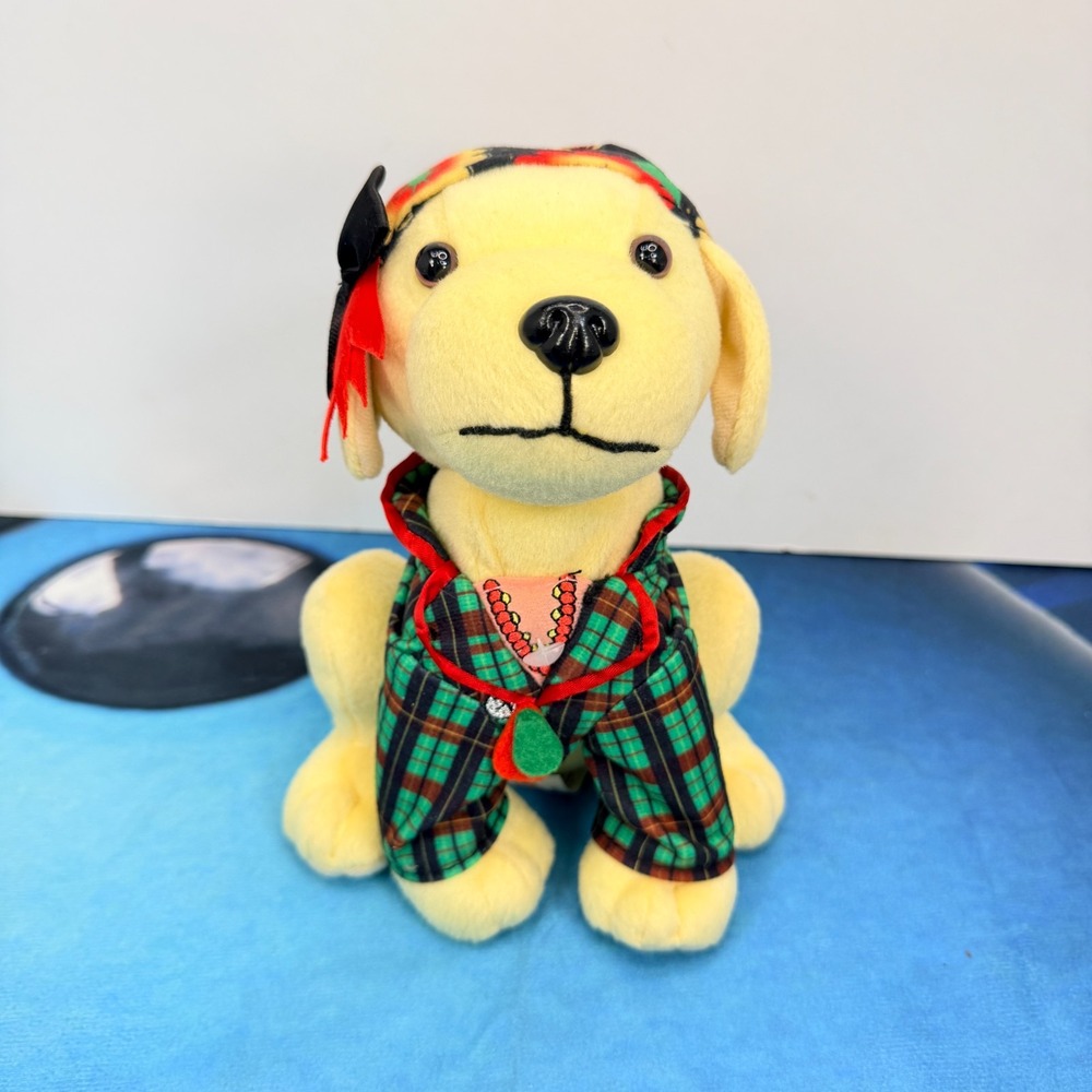 Raising Canes Christmas Vacation Plush Dog Cane Yellow Lab Plaid Pajamas 7"